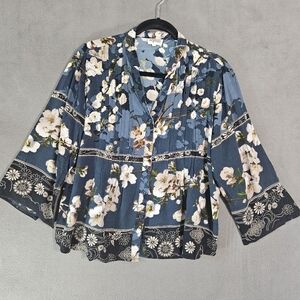 Signals Womens Plus 1X Peasant Shirt Button Up Pleated Floral Colorful Cottage